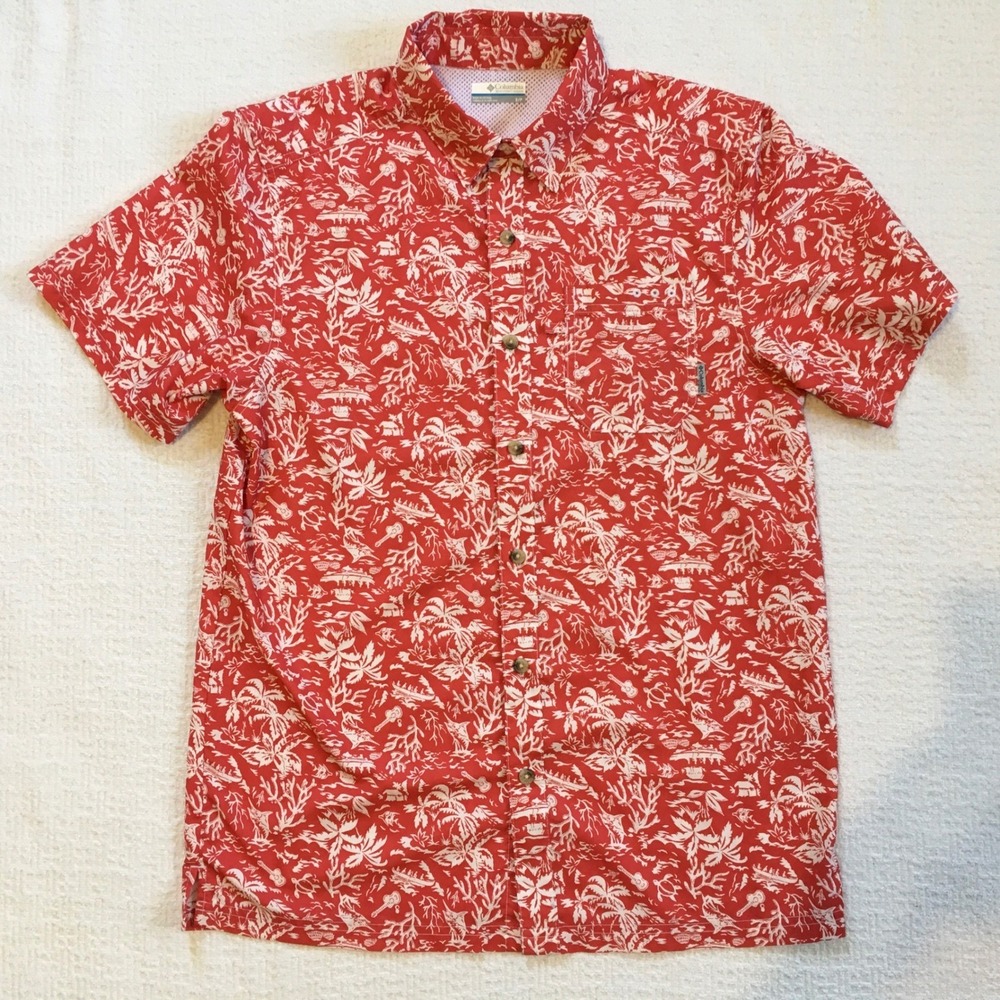 Columbia PFG Shirt Mens S Orange White Tropical Outdoor Short Sleeve‎ Button Up